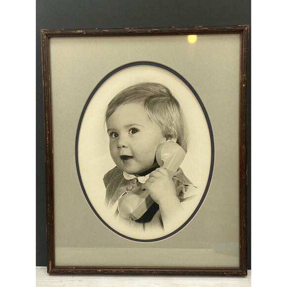 Antique Baby Telephone Photo | 1920s Black White Framed Photography Nursery Art - Picture 12 of 12